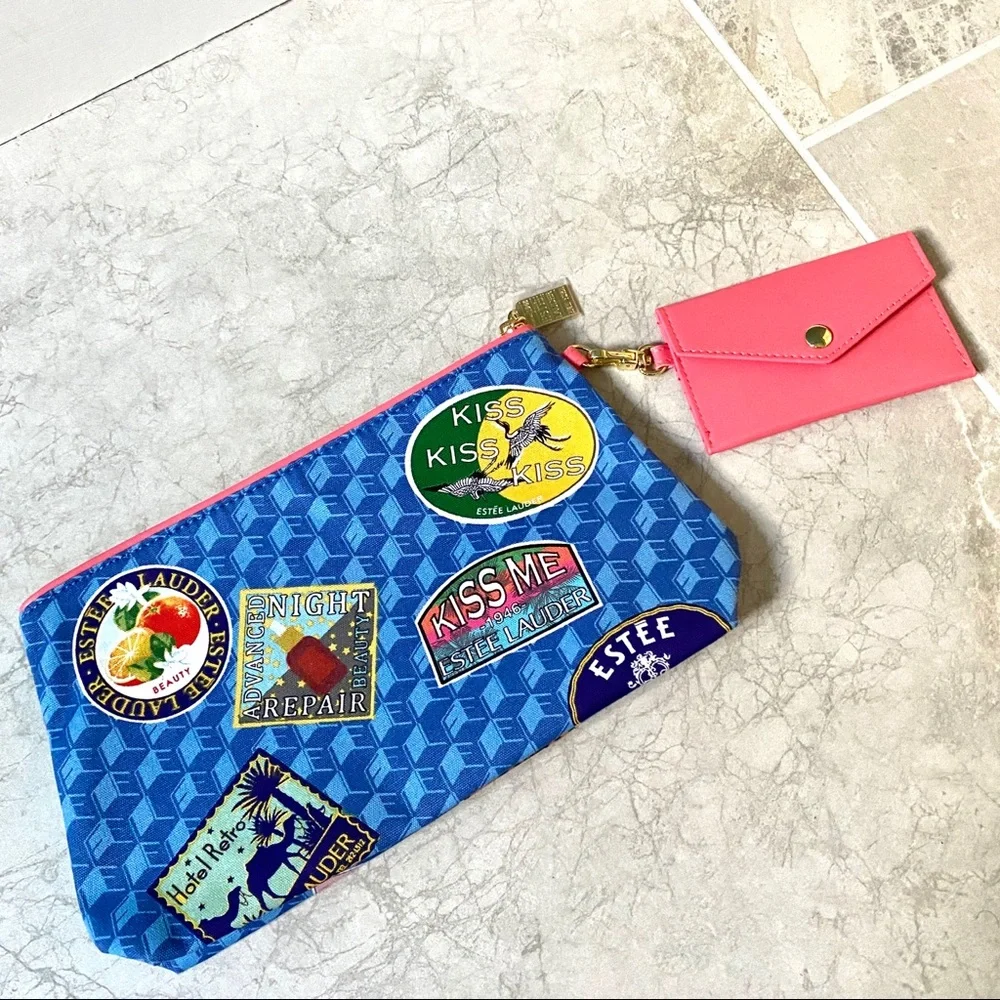 ESTEE LAUDER Cosmetic Makeup Pouch zipper Bag TRAVEL THEME with Card Holder case